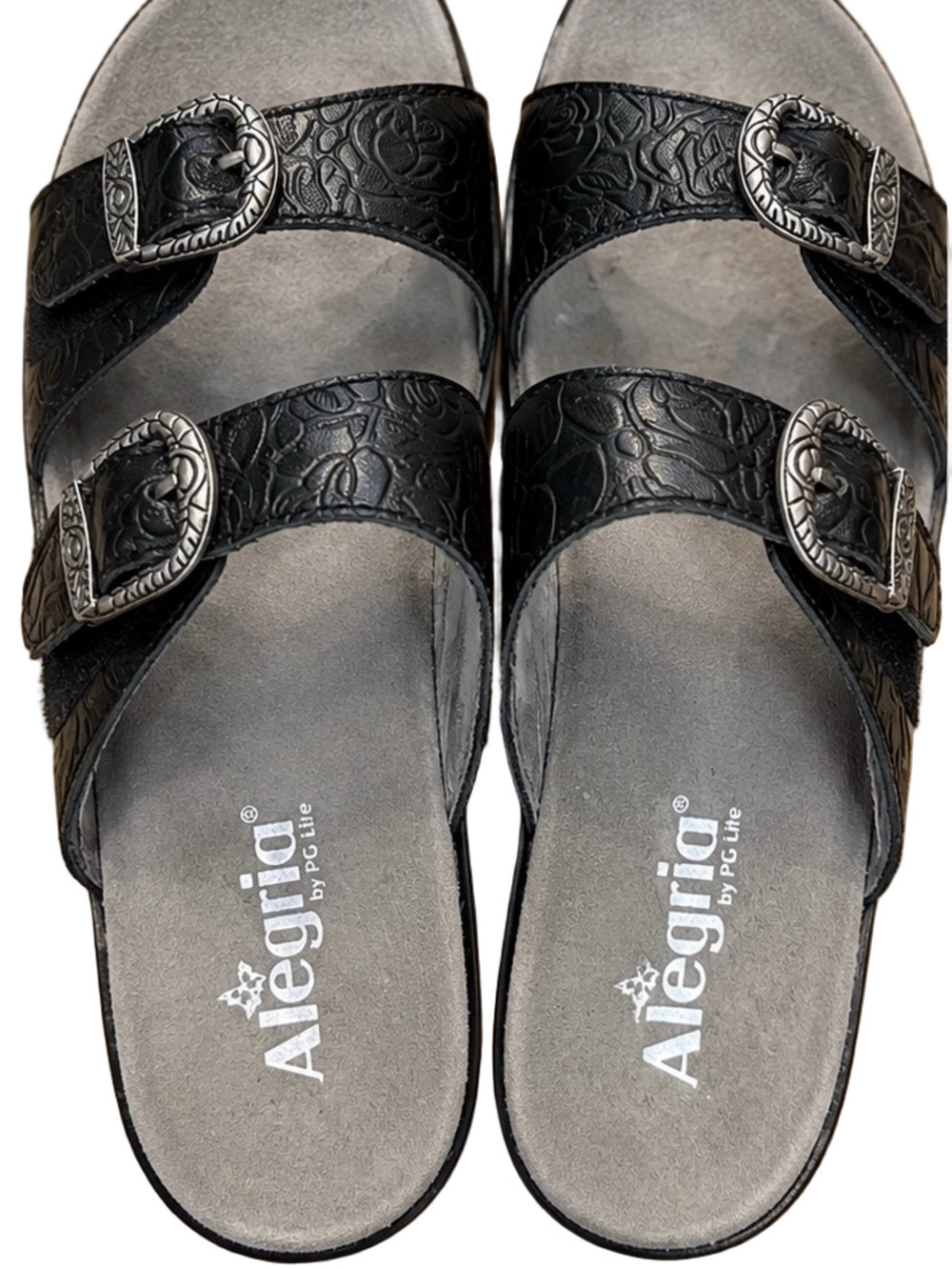 🚨Alegria Black Embossed Leather Slide Sandals Double Buckle EU38/US 7.5-8
